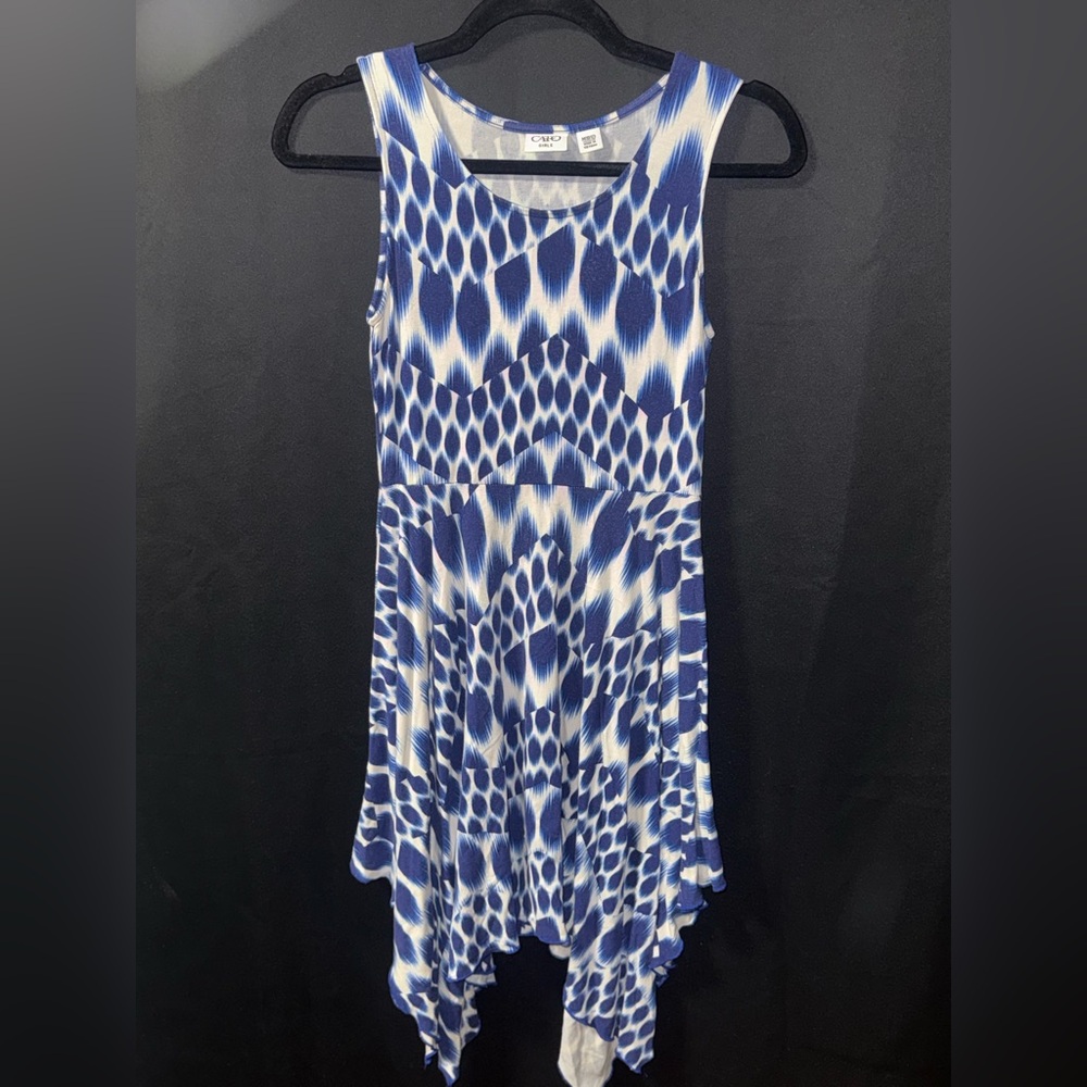 Cato Blue and White Patterned Handkerchief Hem Dress